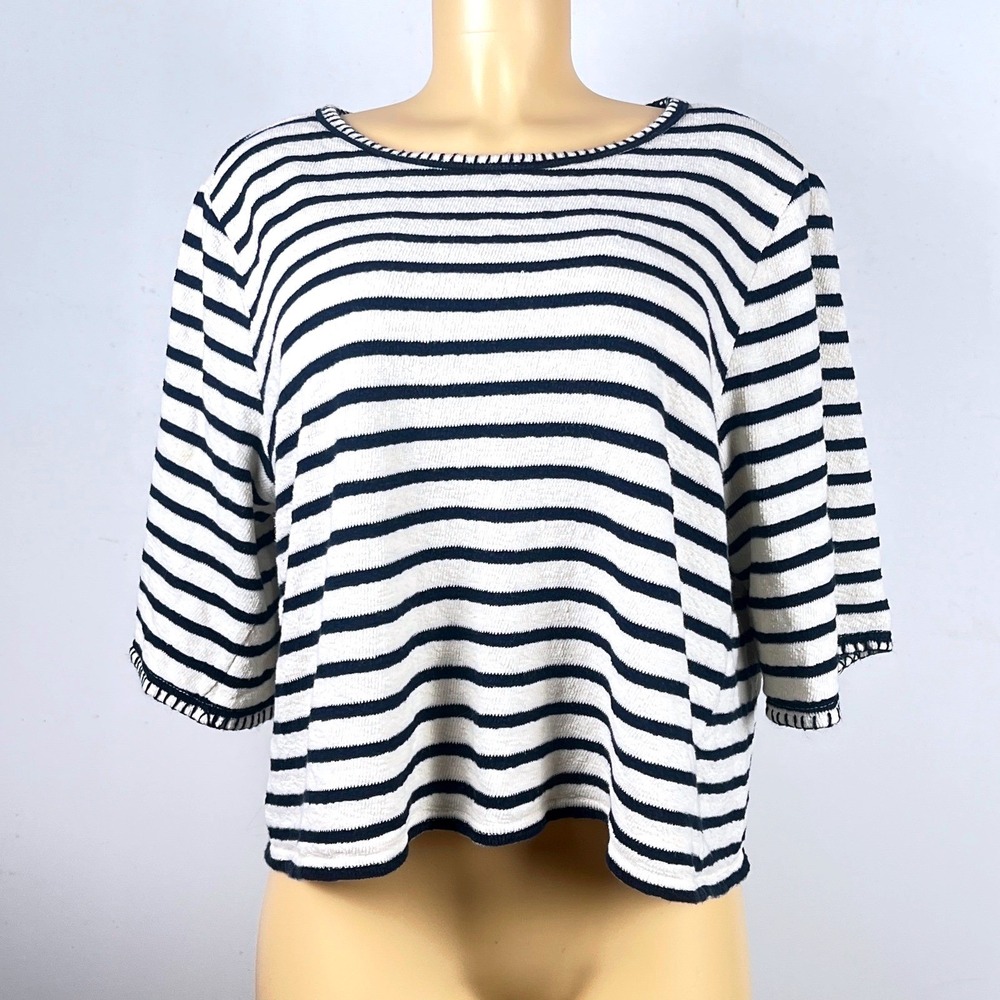 Nautical Striped Top Womens XL 3/4 Sleeve Cotton Navy White Resort Cruise Travel